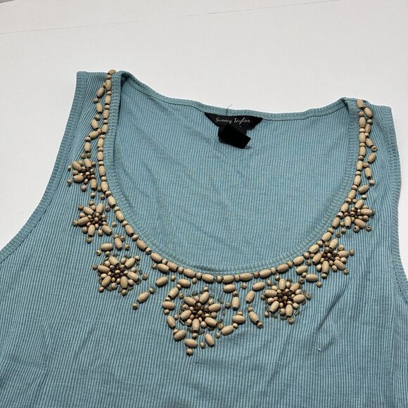 Woman's Sunny Taylor VTG Teal Blue Sleeveless Tank Top w/ Beaded Flowers Size XL - Picture 2 of 5